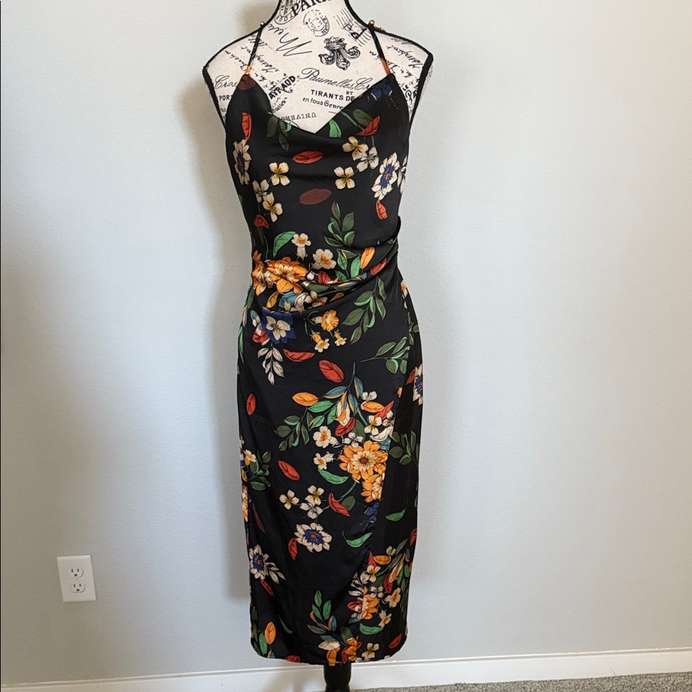 Elegant Floral Midi Dress - Black and Multicolor